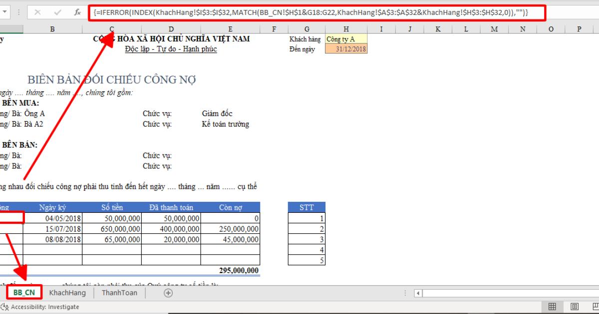 Cách lập mẫu biên bản đối chiếu công nợ tự động trên Excel
