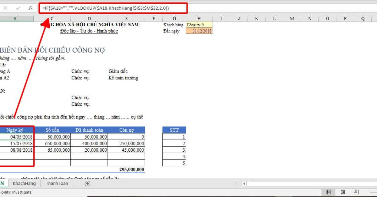 Cách lập mẫu biên bản đối chiếu công nợ tự động trên Excel