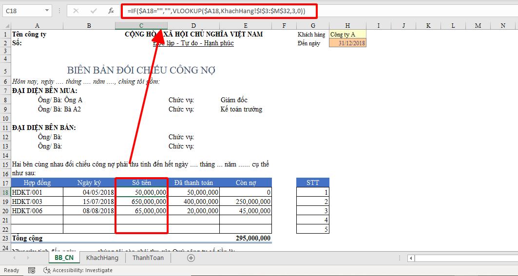 Cách lập mẫu biên bản đối chiếu công nợ tự động trên Excel