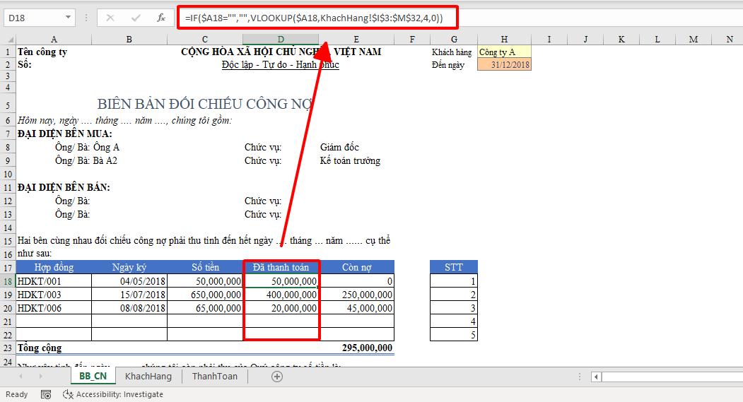 Cách lập mẫu biên bản đối chiếu công nợ tự động trên Excel
