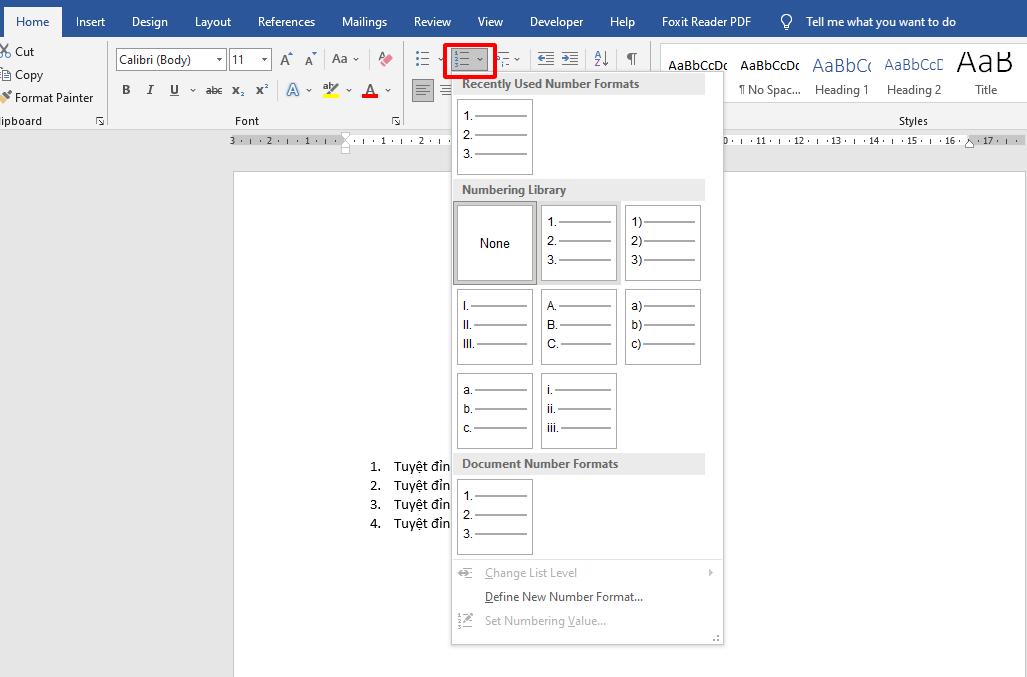 Cách gạch đầu dòng và đánh số dòng trong Word với Bullet and numbering