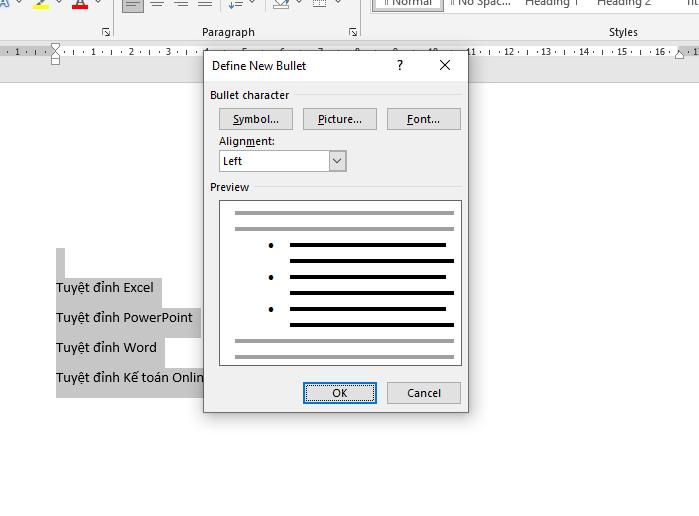 Cách gạch đầu dòng và đánh số dòng trong Word với Bullet and numbering