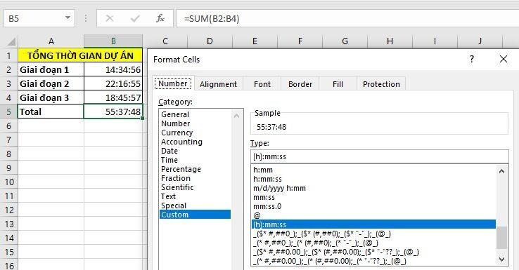 cộng thời gian trong excel