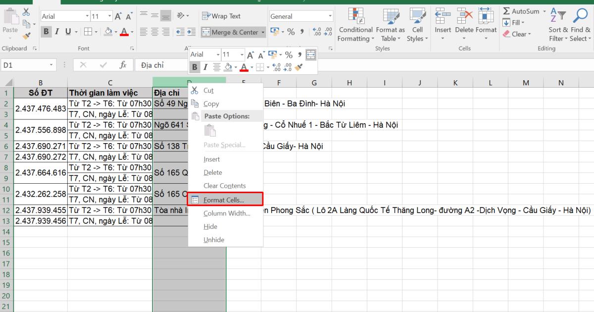 cách ẩn chữ trong excel bằng format cells
