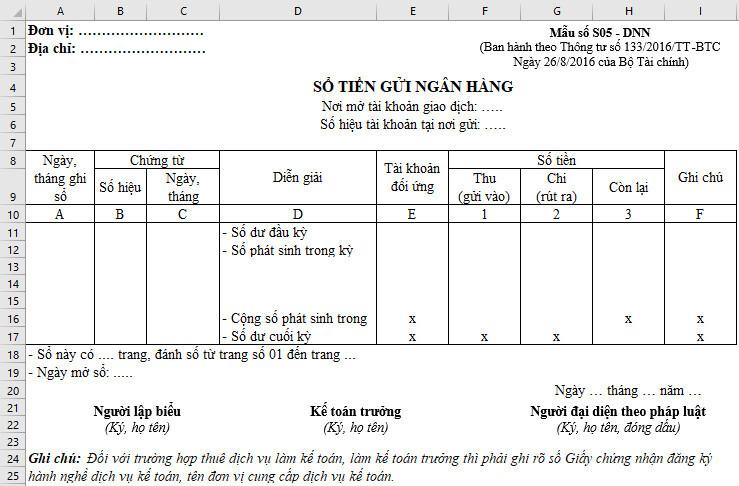 Cách lập sổ tiền gửi ngân hàng theo Thông tư 133 trong Excel