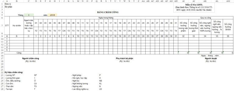 Cách chấm công tính lương trên bảng chấm công Excel theo thông tư 133