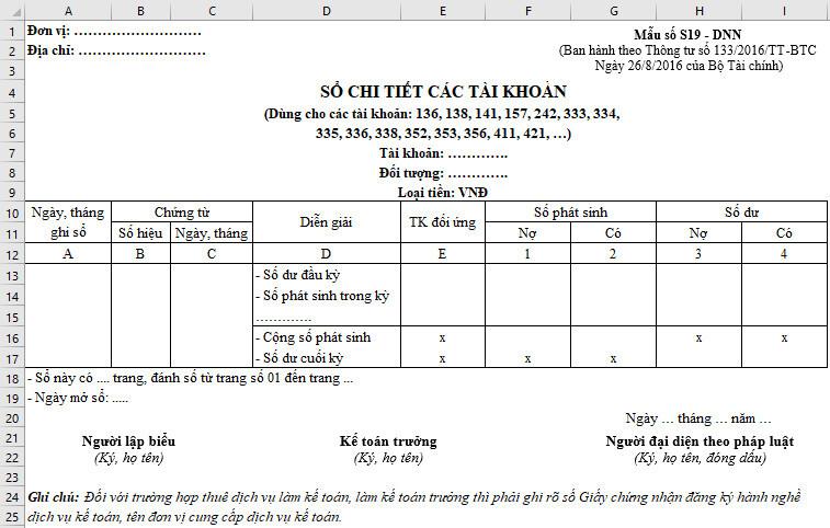 Cách lập Sổ chi tiết các tài khoản theo Thông tư 133 trên Excel