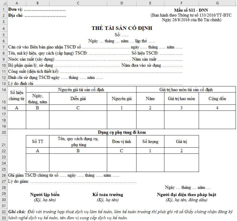 Hướng dẫn cách lập thẻ tài sản cố định theo Thông tư 133 trên Excel