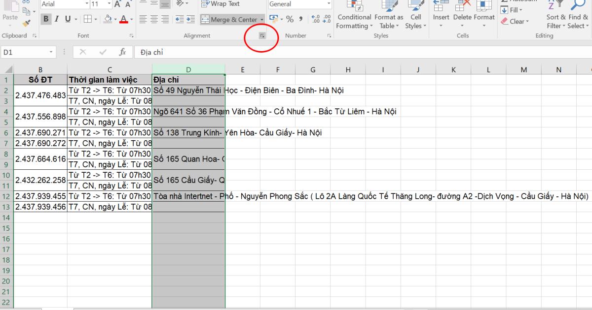 mở thẻ Alignment trong công cụ Format cells