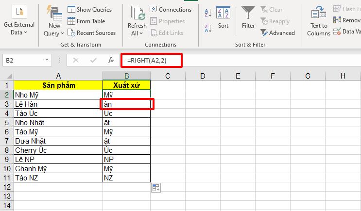 lệnh right trong excel
