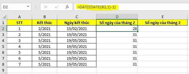 Dùng hàm thời gian trong Excel để xác định số ngày của tháng bất kì