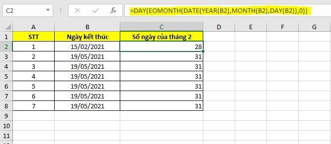 Dùng hàm thời gian trong Excel để xác định số ngày của tháng bất kì
