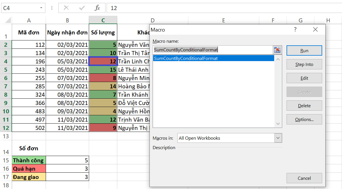 Hướng dẫn dùng hàm COLOR trong Excel để đếm và tính tổng ô theo màu