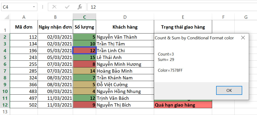 Hướng dẫn dùng hàm COLOR trong Excel để đếm và tính tổng ô theo màu