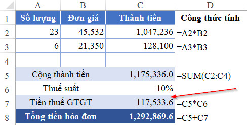Hướng dẫn cách làm tròn số tiền trên hóa đơn GTGT trong Excel