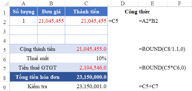 Hướng dẫn cách làm tròn số tiền trên hóa đơn GTGT trong Excel