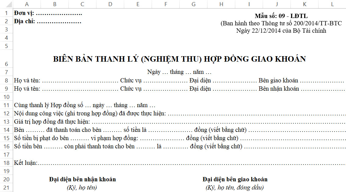 Chia sẻ file Excel Biên bản thanh lý hợp đồng giao khoán theo TT200