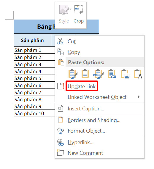 How to copy a table from Excel to Word so that the data automatically updates 2