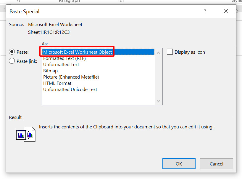 How to copy Excel table into Word by embedding table 1