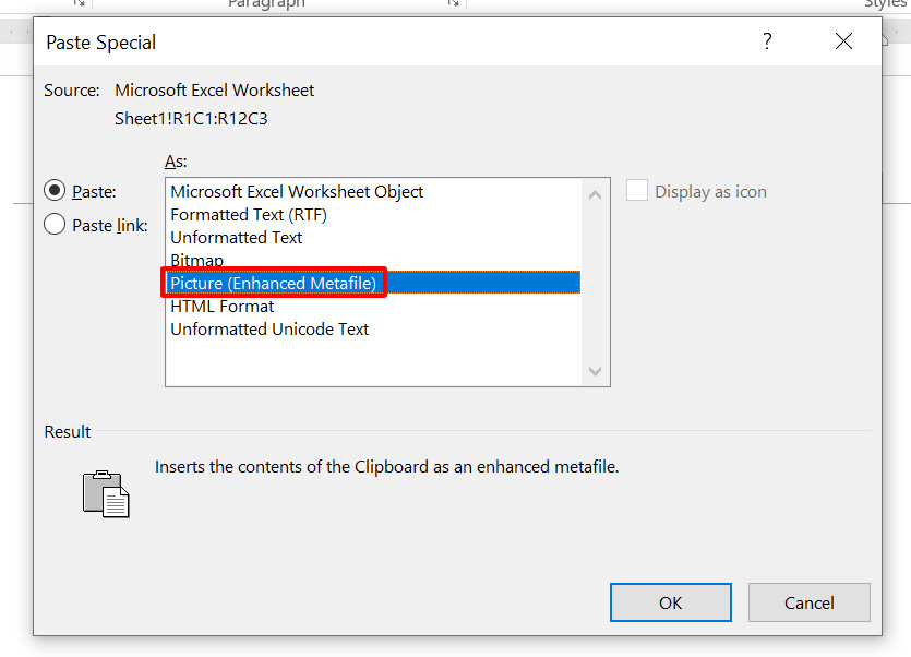 Copy Excel to Word using image format 1