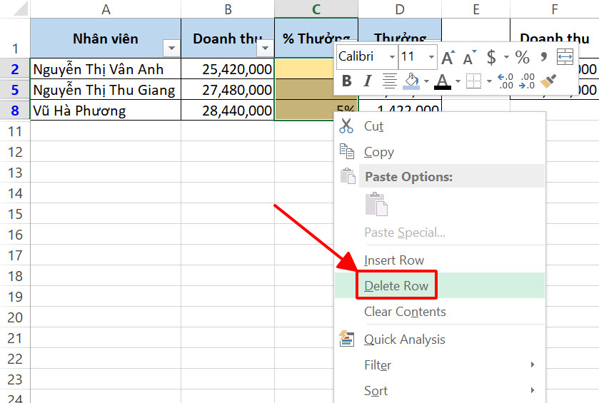 Cách xóa dòng trong Excel dựa theo màu sắc