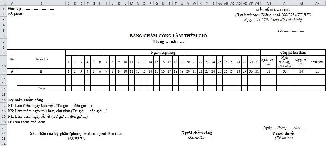 Chia sẻ mẫu bảng chấm công làm thêm giờ trên Excel theo thông từ 200