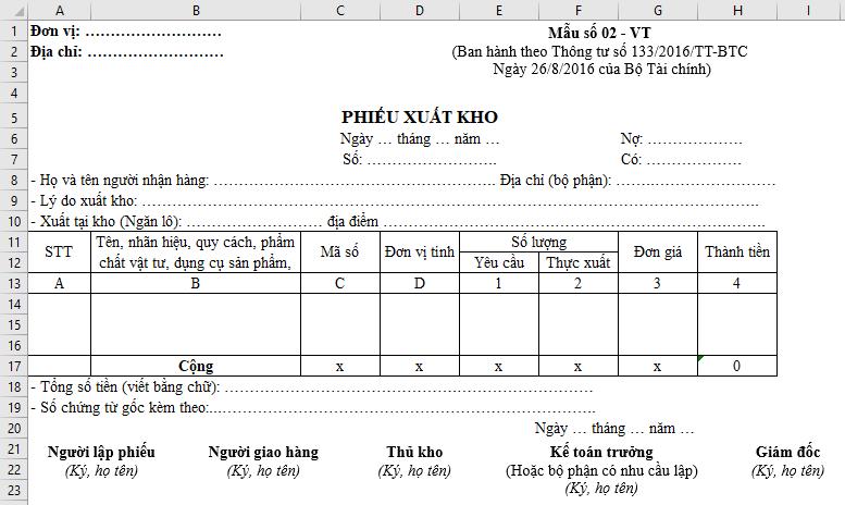 Chia sẻ mẫu phiếu xuất kho Excel mới nhất theo thông tư 133