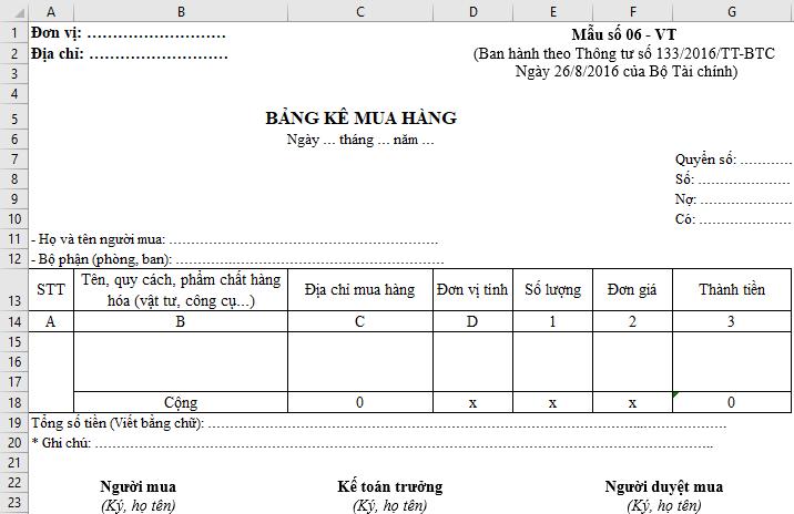 Chia sẻ file Excel bảng kê mua hàng theo thông tư 133