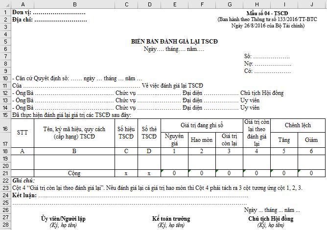Chia sẻ file Excel biên bản đánh giá lại TSCĐ theo thông tư 133