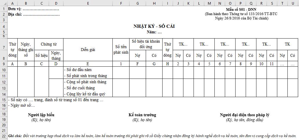 Chia sẻ mẫu sổ Nhật ký - sổ Cái trên Excel theo thông tư 133