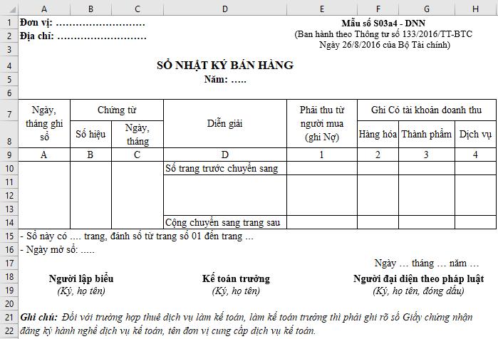 Chia sẻ mẫu sổ nhật ký bán hàng trên Excel theo TT133