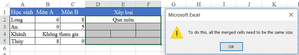 Lỗi không thể kéo công thức trong ô merge