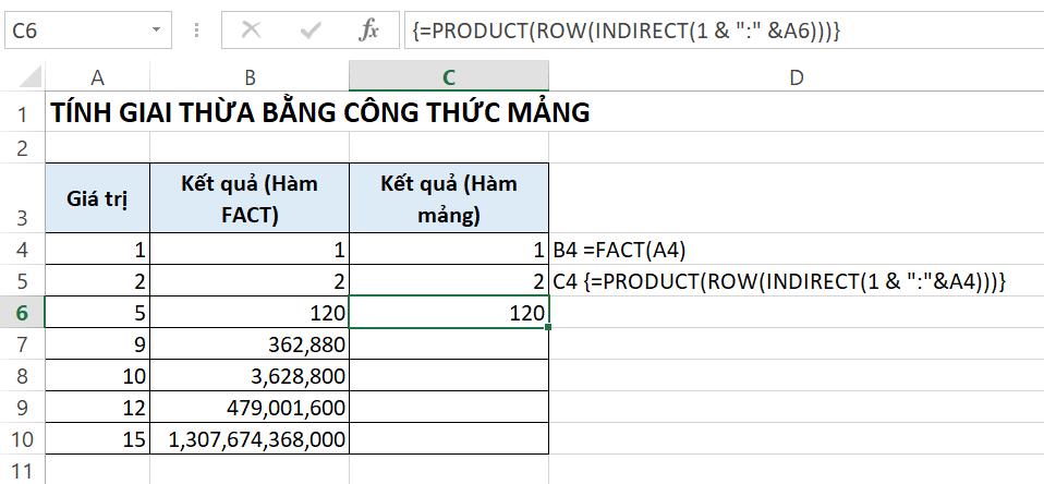 Hướng dẫn tính giai thừa trong Excel bằng công thức mảng