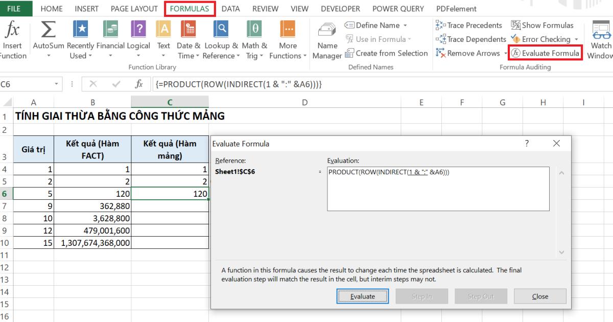Hướng dẫn tính giai thừa trong Excel bằng công thức mảng