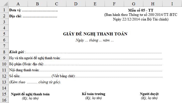 Chia sẻ mẫu giấy đề nghị thanh toán bằng Excel theo thông tư 200