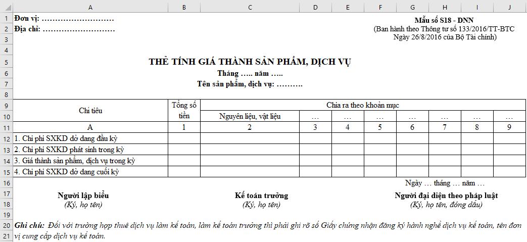 Chia sẻ mẫu thẻ tính giá thành sản phẩm, dịch vụ theo TT133