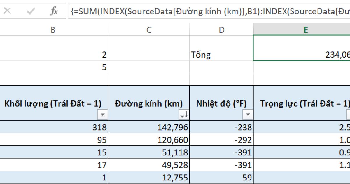 tính tổng bằng hàm sum và hàm index