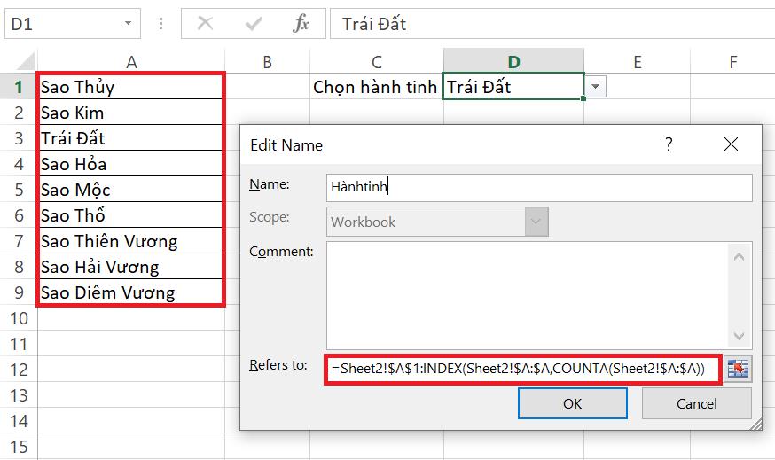 đặt tên cho danh sách trong excel