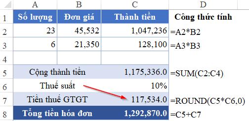 Hướng dẫn cách làm tròn số tiền trên hóa đơn GTGT trong Excel
