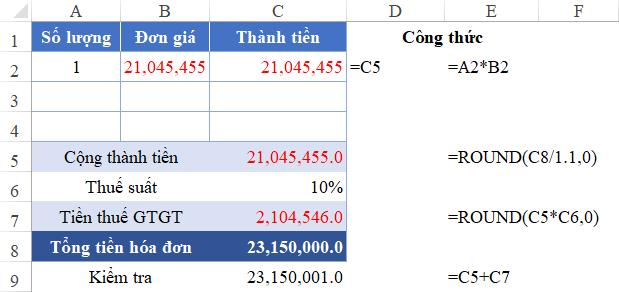 Hướng dẫn cách làm tròn số tiền trên hóa đơn GTGT trong Excel