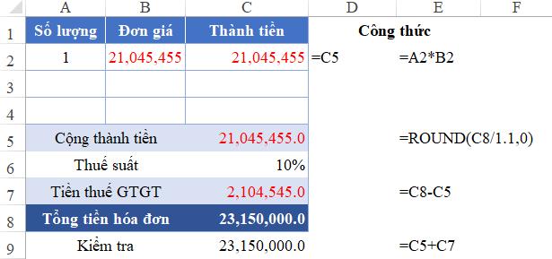 Hướng dẫn cách làm tròn số tiền trên hóa đơn GTGT trong Excel