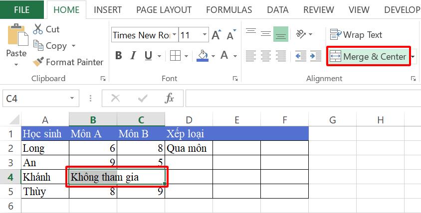 Gộp ô Excel bằng tính năng Merge & Center