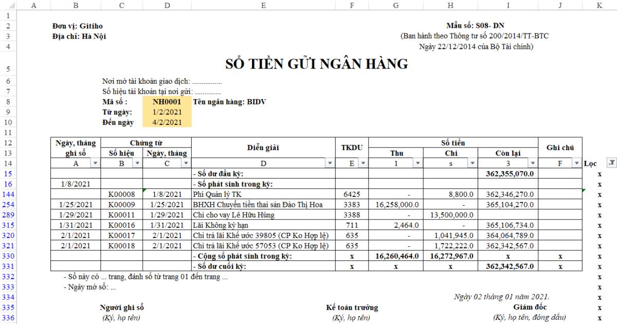 Hướng dẫn làm sổ tiền gửi ngân hàng chi tiết trên Excel