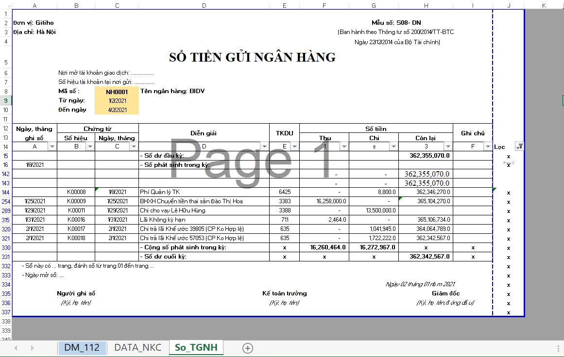 Hướng dẫn làm sổ tiền gửi ngân hàng chi tiết trên Excel