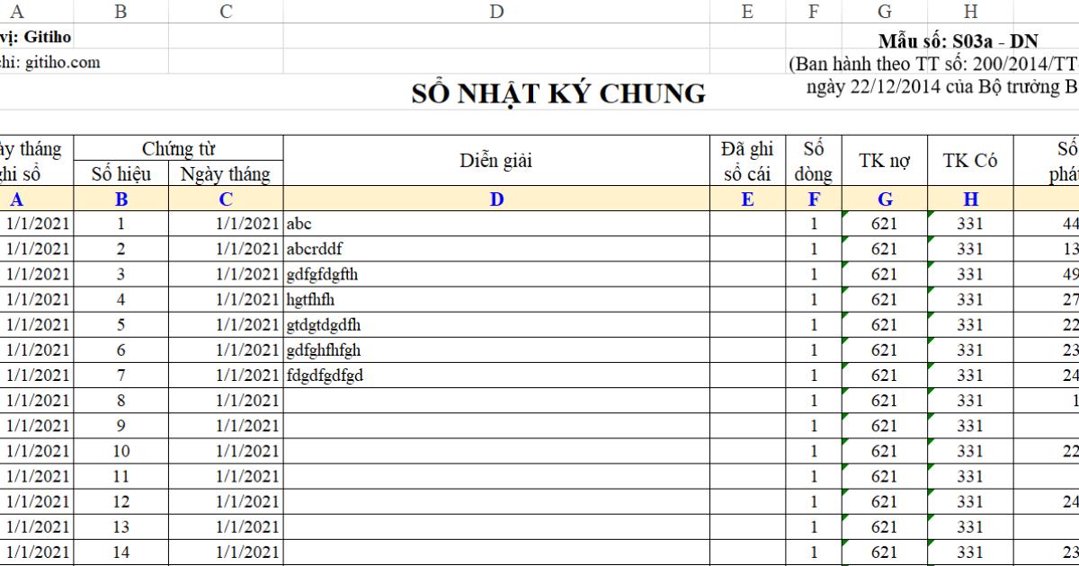 Hướng dẫn cách làm sổ cái trên Excel lấy dữ liệu từ Nhật ký chung