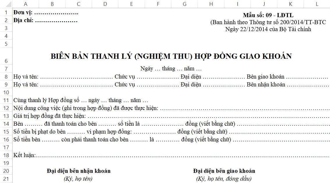 Chia sẻ file Excel Biên bản thanh lý hợp đồng giao khoán theo TT200
