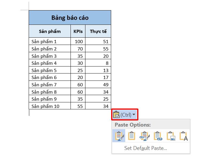 Thay đổi định dạng khi copy bảng từ Excel sang Word