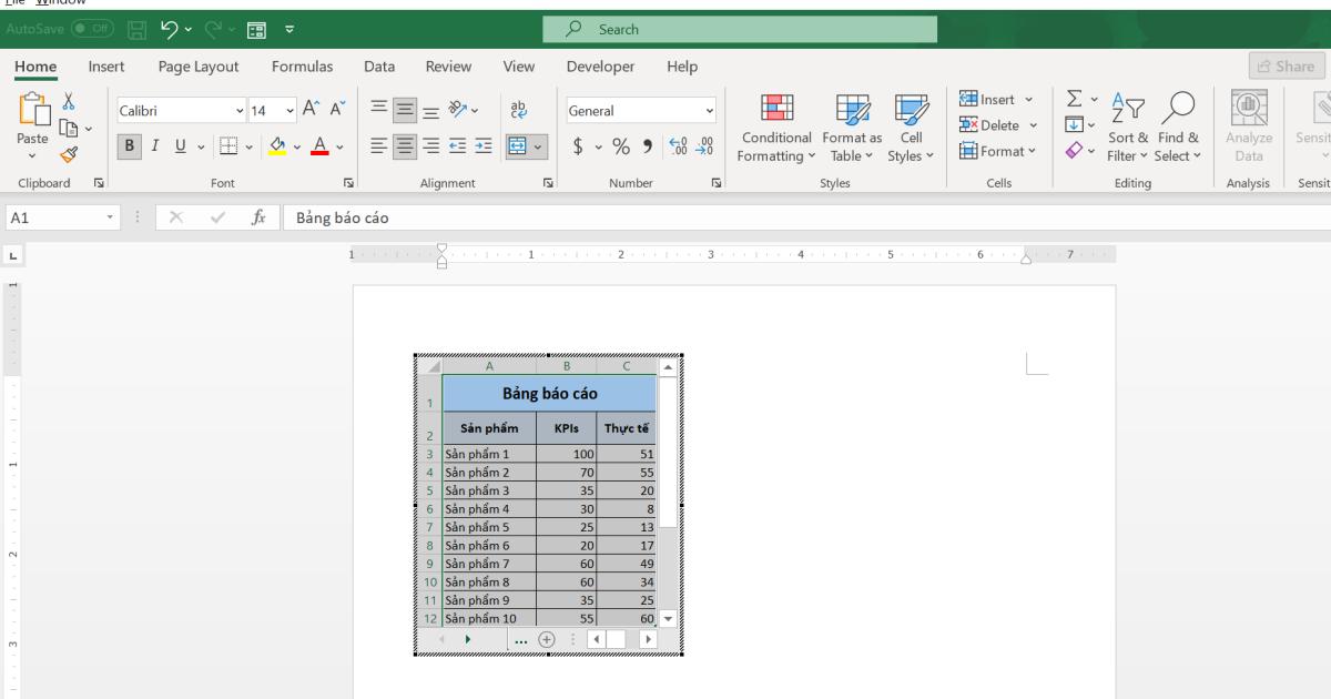 Cách copy bảng Excel vào Word bằng cách nhúng bảng 2