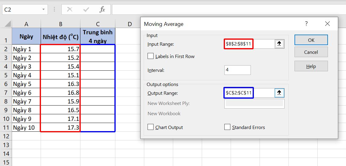 Hướng dẫn cách tính đường trung bình động trong Excel đơn giản