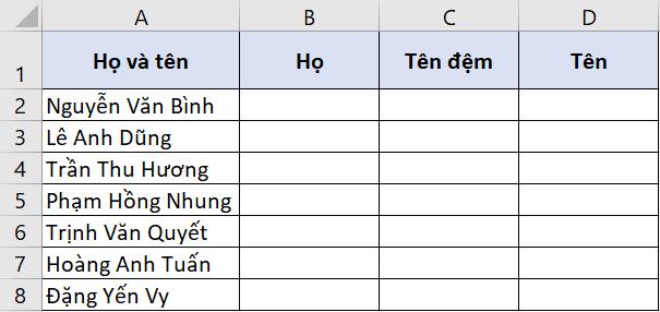 Hướng dẫn cách tách họ, tên và tên đệm trong Excel